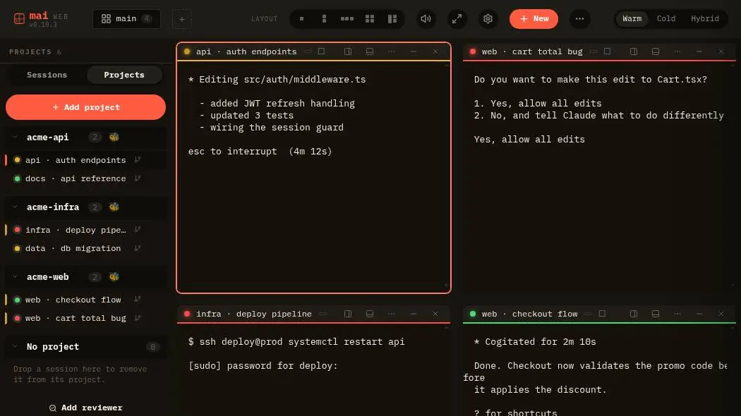 The mai workspace: several AI coding sessions side by side.